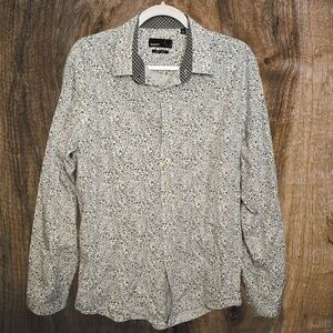 Quieti‎ Men’s Floral Button-Down Shirt Cotton Tencel Long Sleeve Black White L